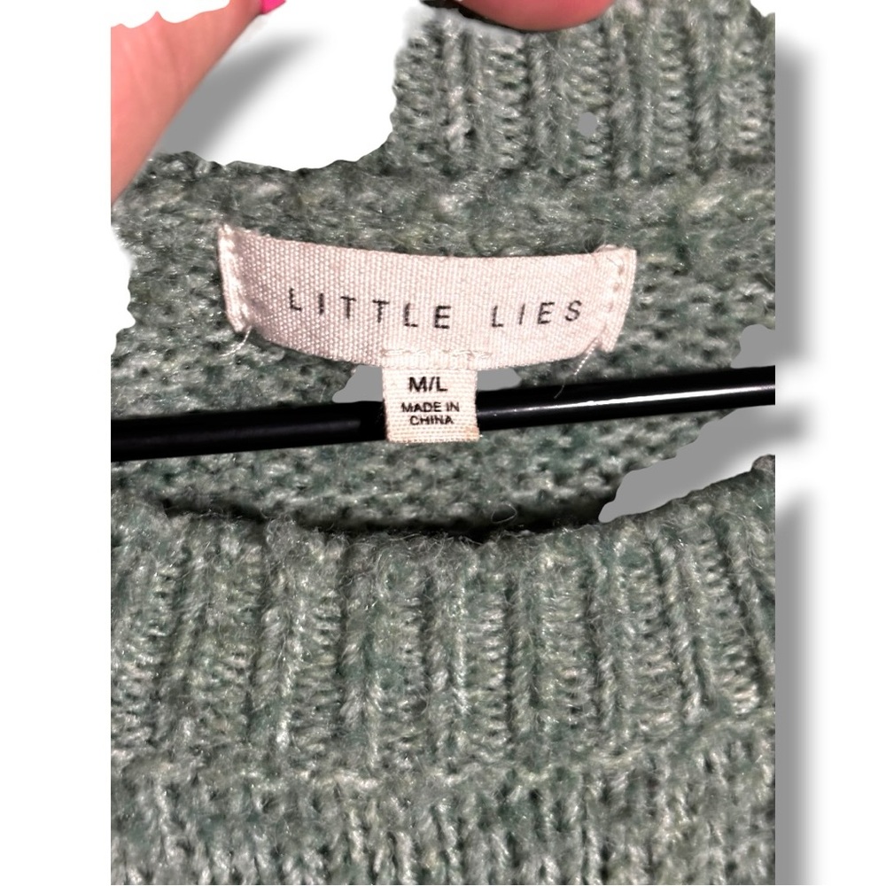 Little Lies M/L Mint Green with White Floral Crewneck Sweater Soft Intarsia Knit - Picture 9 of 16